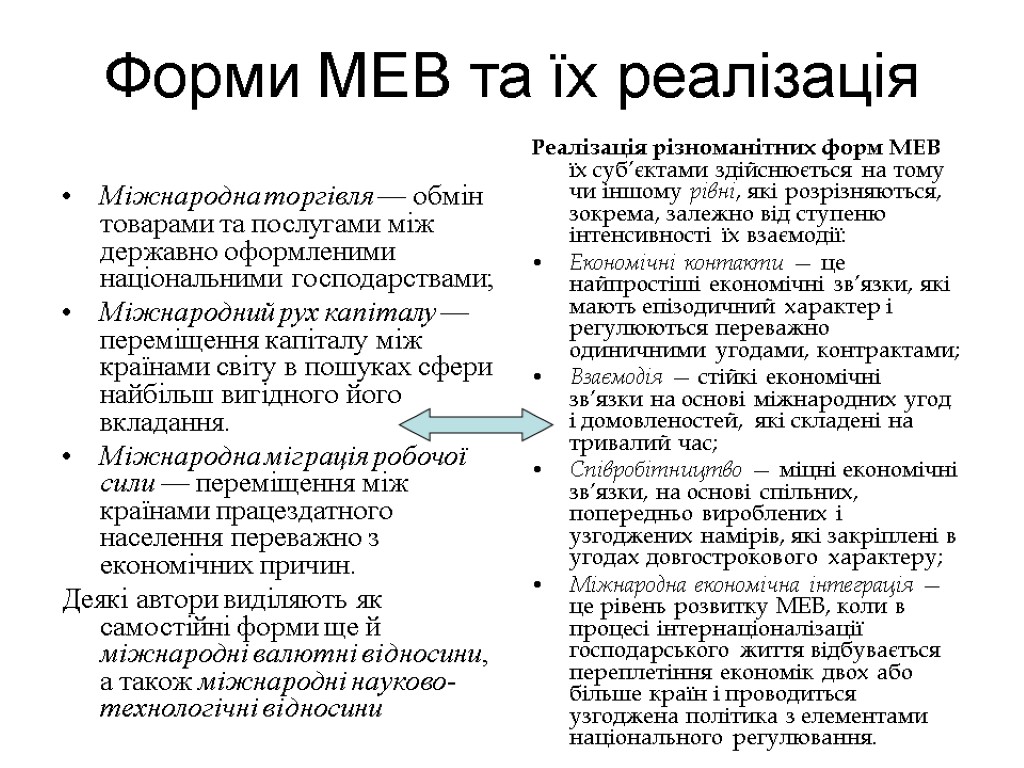 Форми МЕВ та їх реалізація Міжнародна торгівля — обмін товарами та послугами між державно